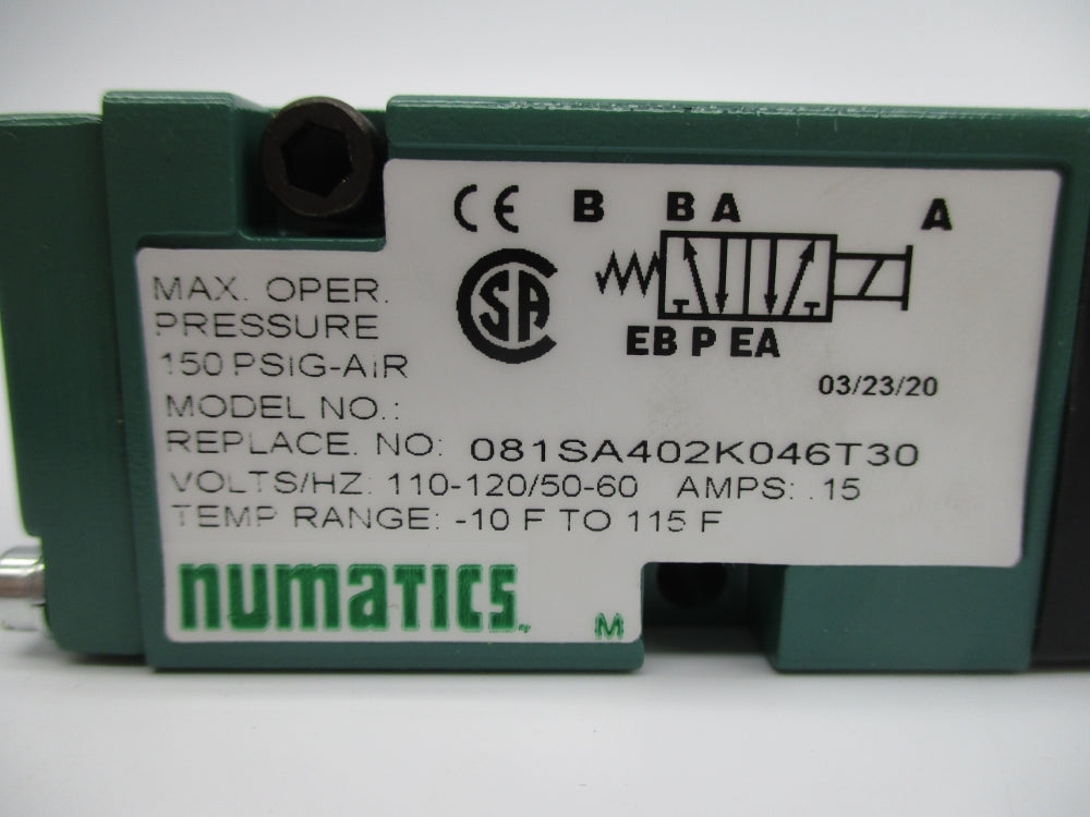 NUMATICS 081SA402K046T30 150PSIG 110-120/50-60 NSNP