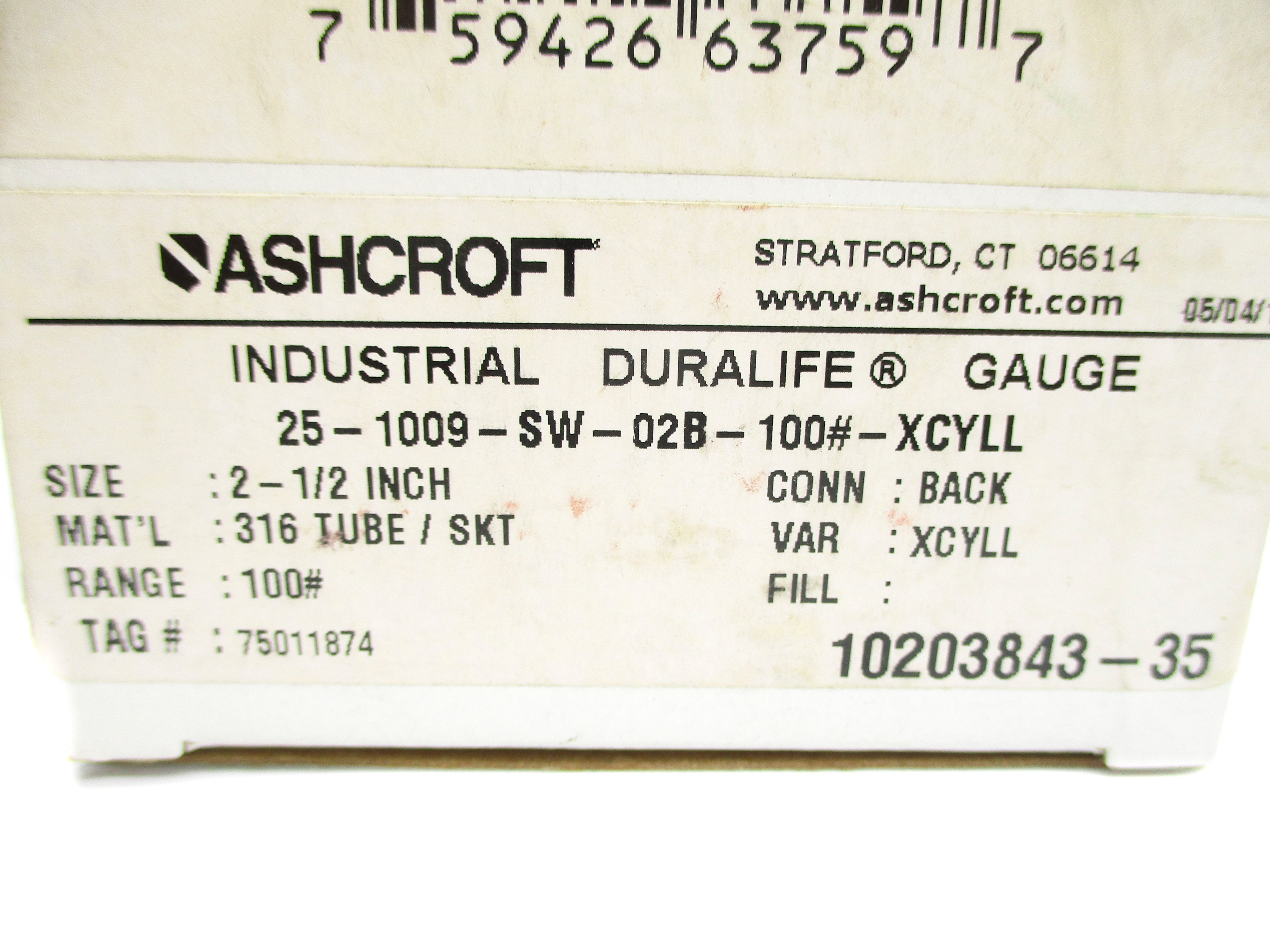 ASHCROFT 25-1009-SW-02B-100#-XCYLL 100PSI NSMP