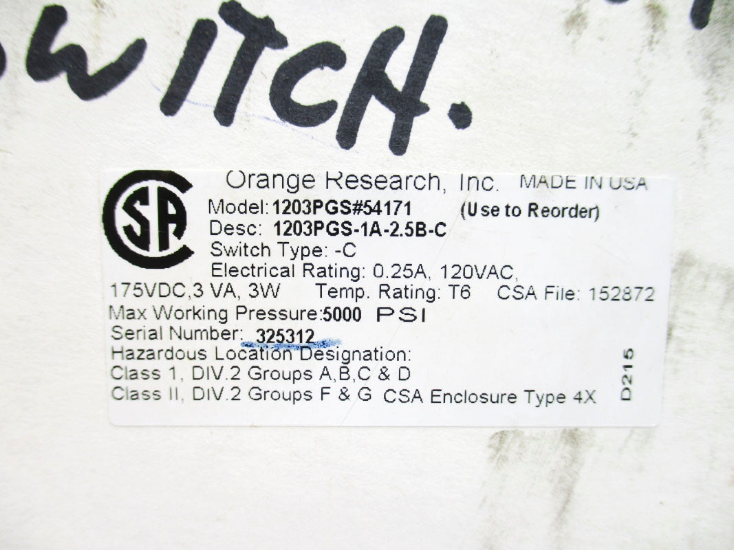 ORANGE RESEARCH 1203PGS-1A-2.5B-C 1203PGS#54171 0-150PSI NSMP