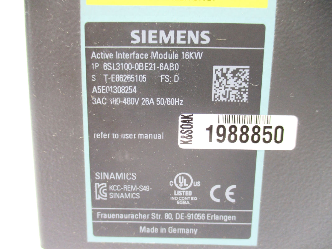 SIEMENS 6SL3100-0BE21-6AB0 UNMP