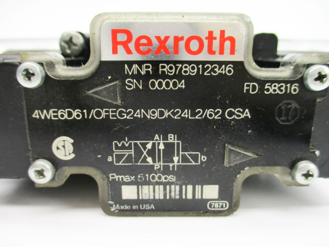 REXROTH R978912346 4WE6D61/OFEG24N9DK24L2/62CSA 5100PSI 24VDC NSNP