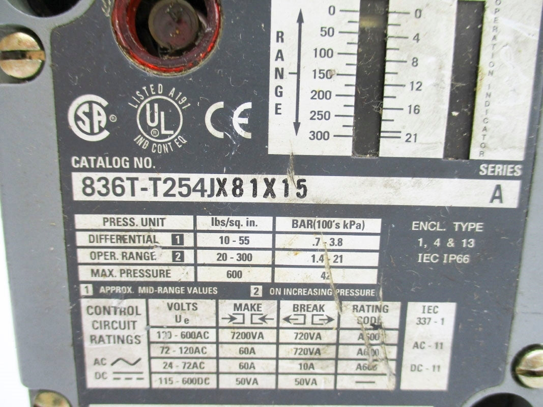 ALLEN BRADLEY 836T-T254JX81X15 SER. A 20-300PSI UNMP