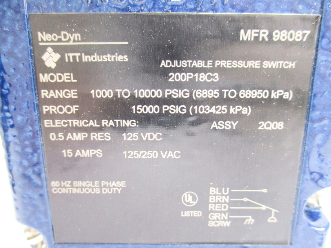 ITT 200P18C3 125/250VAC 15A 1000-10000PSI NSNP