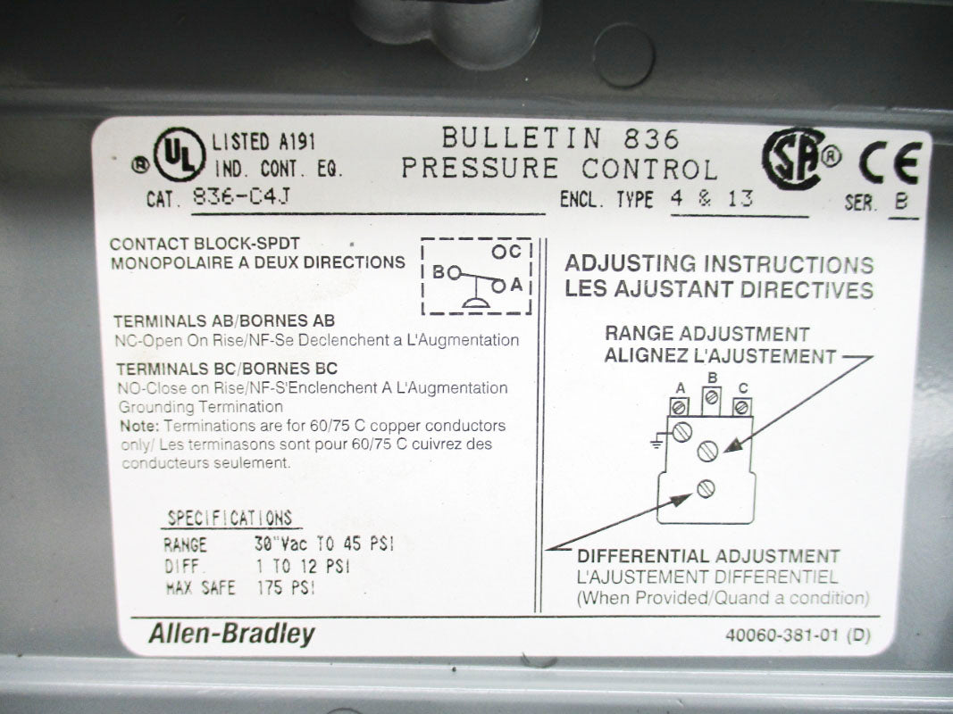 ALLEN BRADLEY 836-C4J SER. B 30"VAC-45PSI UNMP