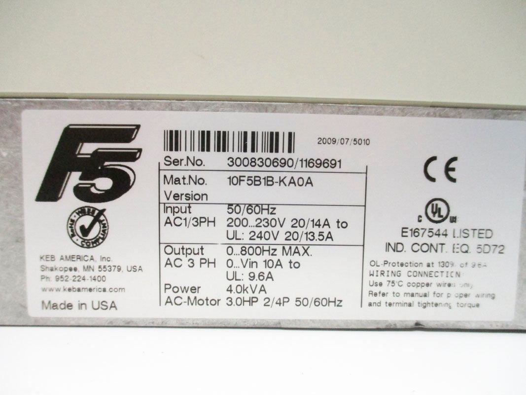 KEB 10F5B1B-KA0A 240V 20/13.5A 4.0KVA UNMP