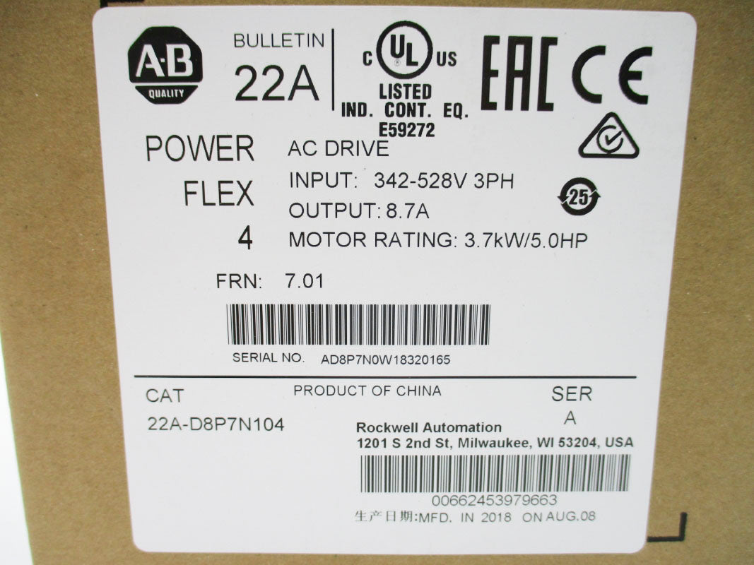 ALLEN BRADLEY 22A-D8P7N104 SER. A F/W 7.01 8.7A 342-528V NSMP