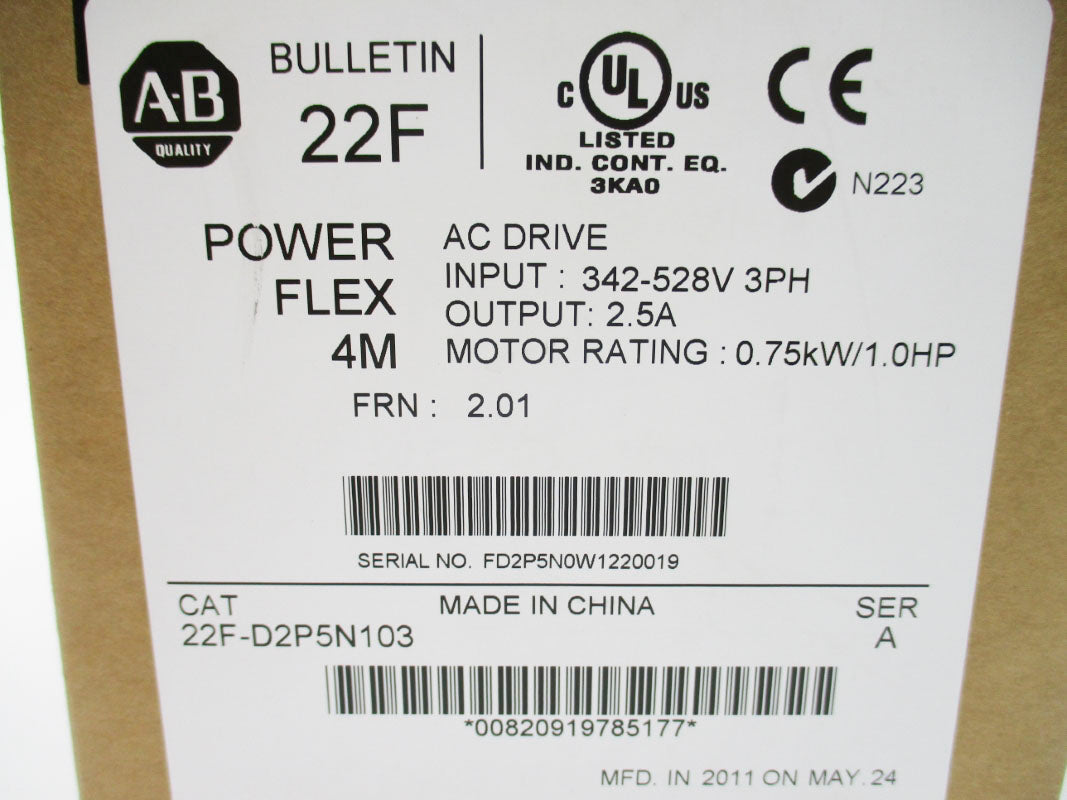 ALLEN BRADLEY 22F-D2P5N103 SER. A F/W 2.01 342-528VAC 3.5A NSMP
