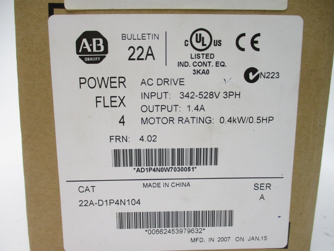 ALLEN BRADLEY 22A-D1P4N104 SER. A F/W 4.02 342-528V 1.4A NSMP
