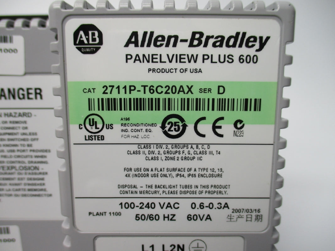 ALLEN BRADLEY 2711P-T6C20AX SER. D 100-240VAC 0.6-0.3A NSNP