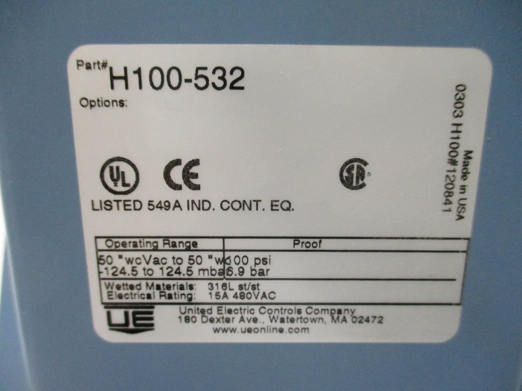 UNITED ELECTRIC CONTROLS H100-532 15A 480VAC 50"WCVAC-50"WC NSNP