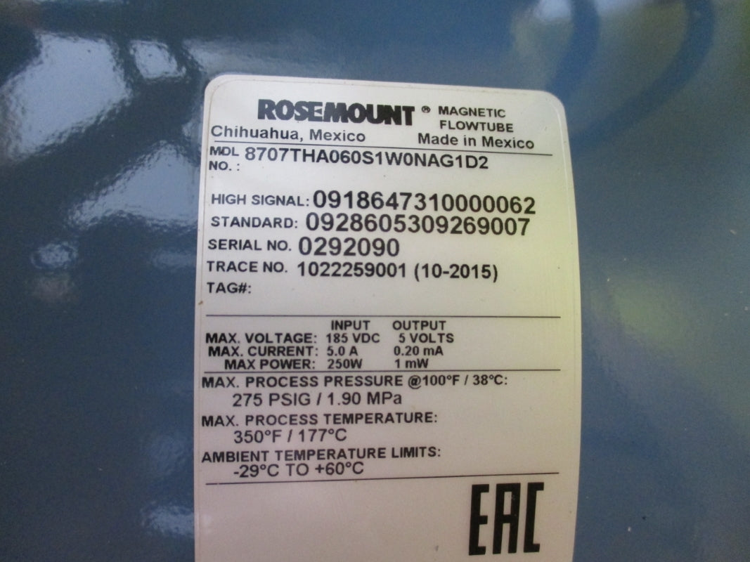 EMERSON ROSEMOUNT 8707THA060S1W0NAG1D2 185VDC 5.0A 275PSIG NSMP