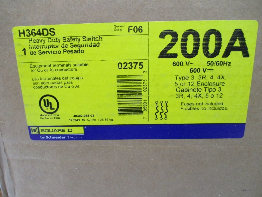SQUARE D H364DS SER. F06 200A 600V NSFS