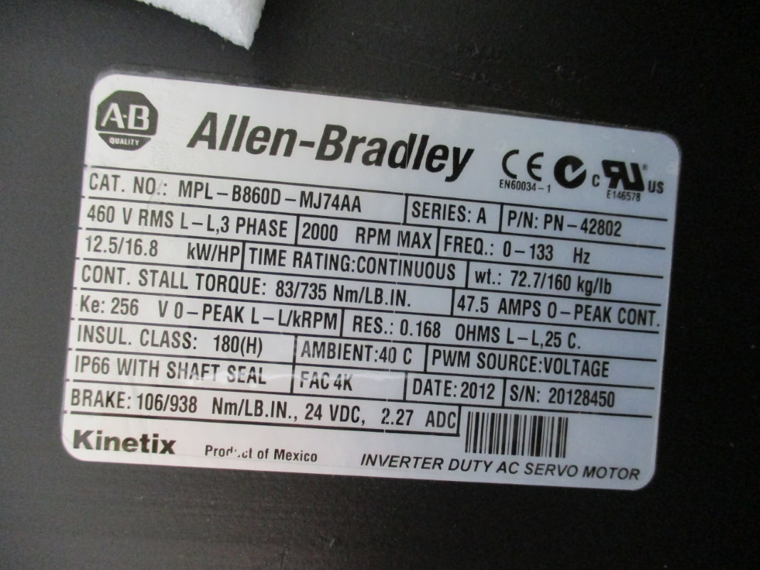 ALLEN BRADLEY MPL-B860D-MJ74AA SER. A 460V 47.5A NSMP