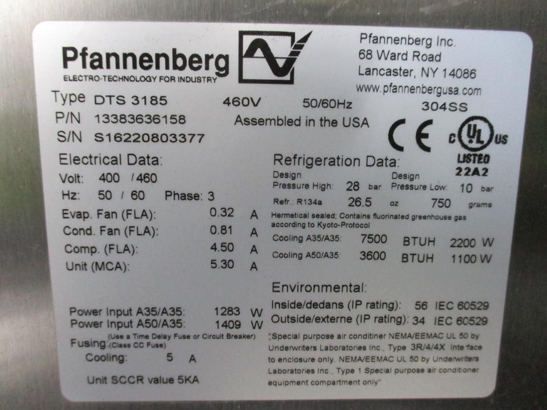 PFANNENBERG DTS3185 13383636158 460V 3600/7500 BTUH NSNP