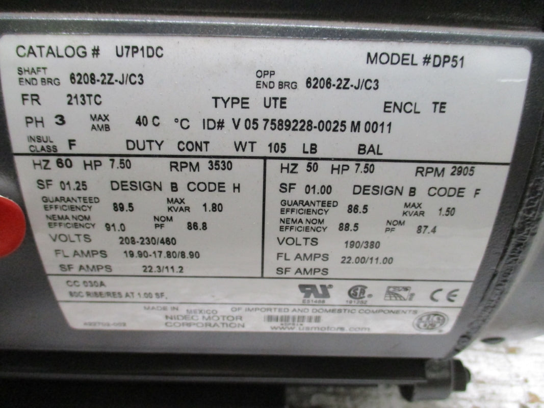 US MOTORS U7P1DC DP51 208-230/480V 19.90-17.80/8.90A NSNP
