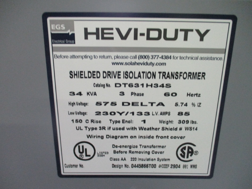SOLA HEVI-DUTY DT631H34S 34KVA 575V NSNP