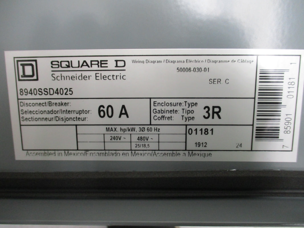 SQUARE D 8940SSD4025 PUMP PANEL SER. C 60A 240/480V NSNP