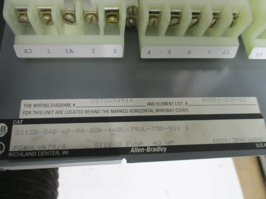 ALLEN BRADLEY SIZE 3 2112B-DAB-6P-9A-20R-46GL-79UL-750-901 SER. X 480V NSNP