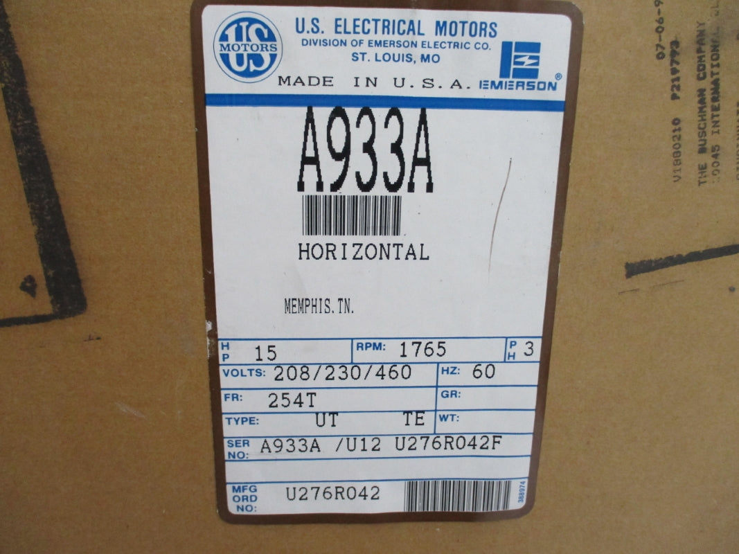 US MOTORS HORIZONTAL 15 HP 254T AP33A 208/230/460V NSMP