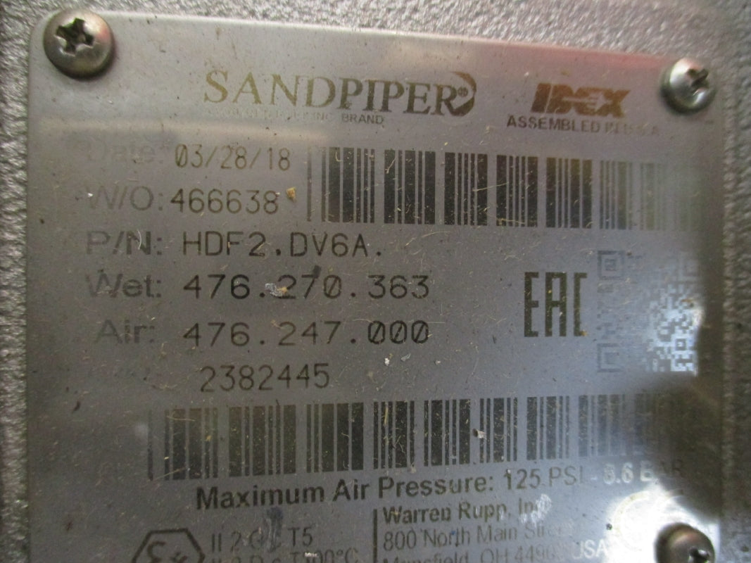 WARREN RUPP SANDPIPPER HDF2.DV6A. 125PSI NSMP