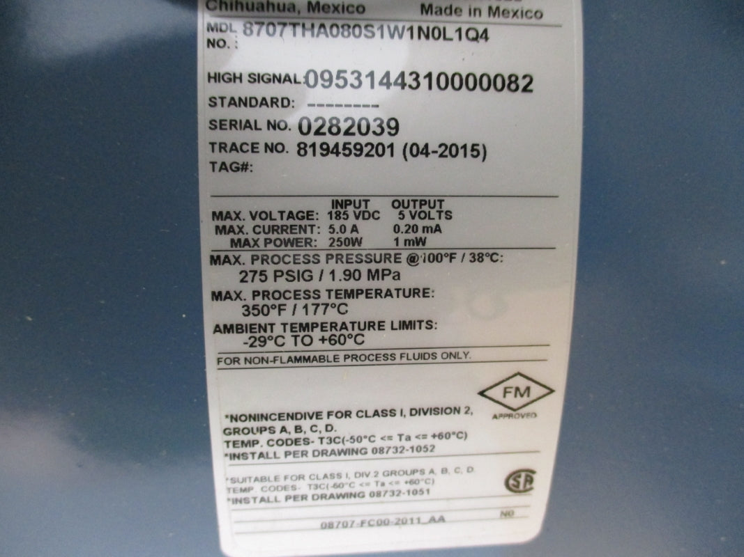 ROSEMOUNT EMERSON 8707THA080S1W1N0L1Q4 185VDC 5.0A 275PSIG NSMP