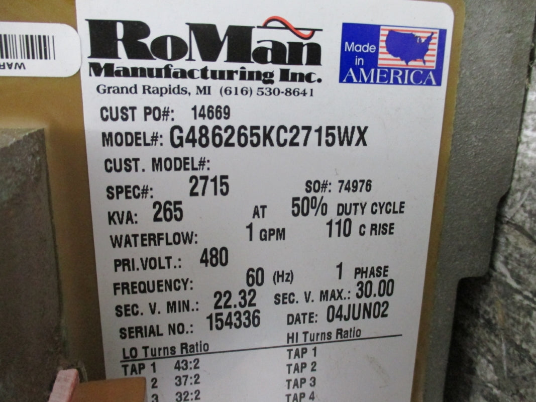 ROMAN MANUFACTURING G486265KC2715WX 265KVA 480V NSNP