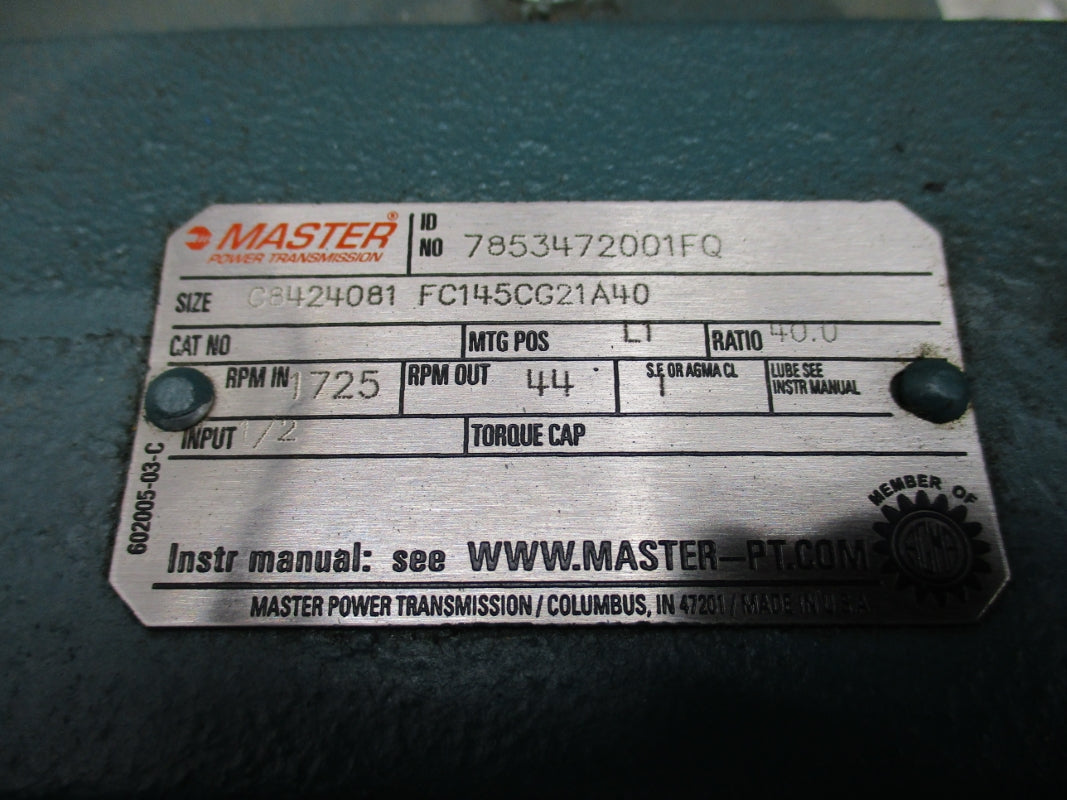 MASTER POWER TRANSMISSION 7853472001FQ W/ BALDOR 6P14H7100 230/460V 5/2.5A NSNP