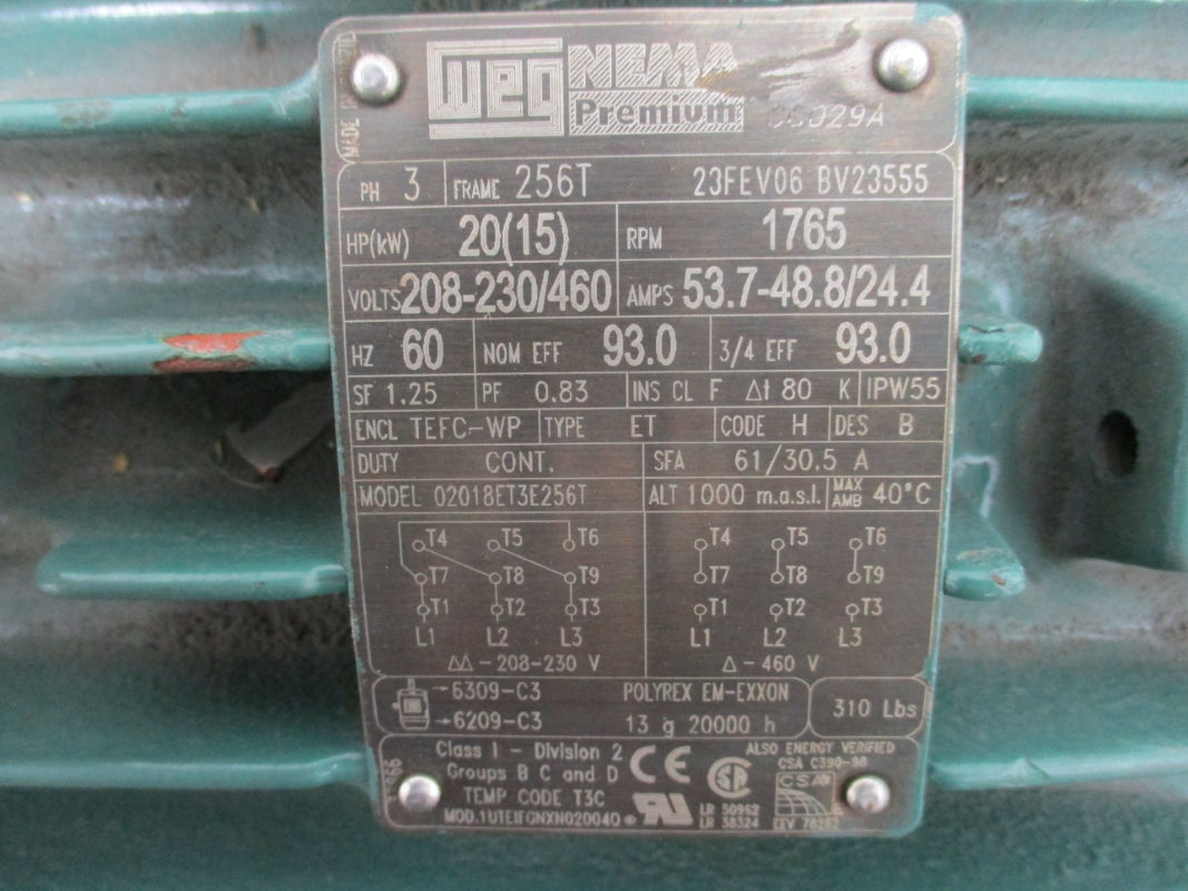 WEG NEMA 23FEV06BV23555 20HP 208-230/460V, 53.7-48.8/24.4A NSNP