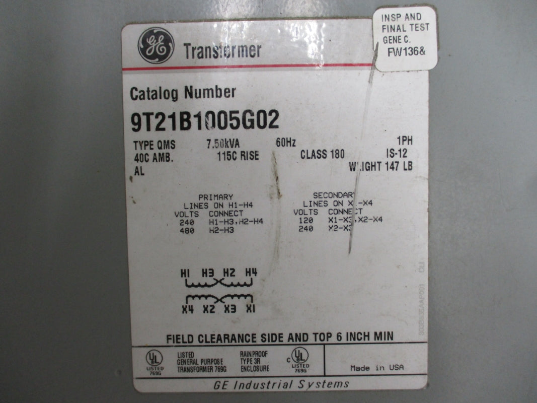 GENERAL ELECTRIC 9T21B1005G02 7.50KVA 480V NSNP
