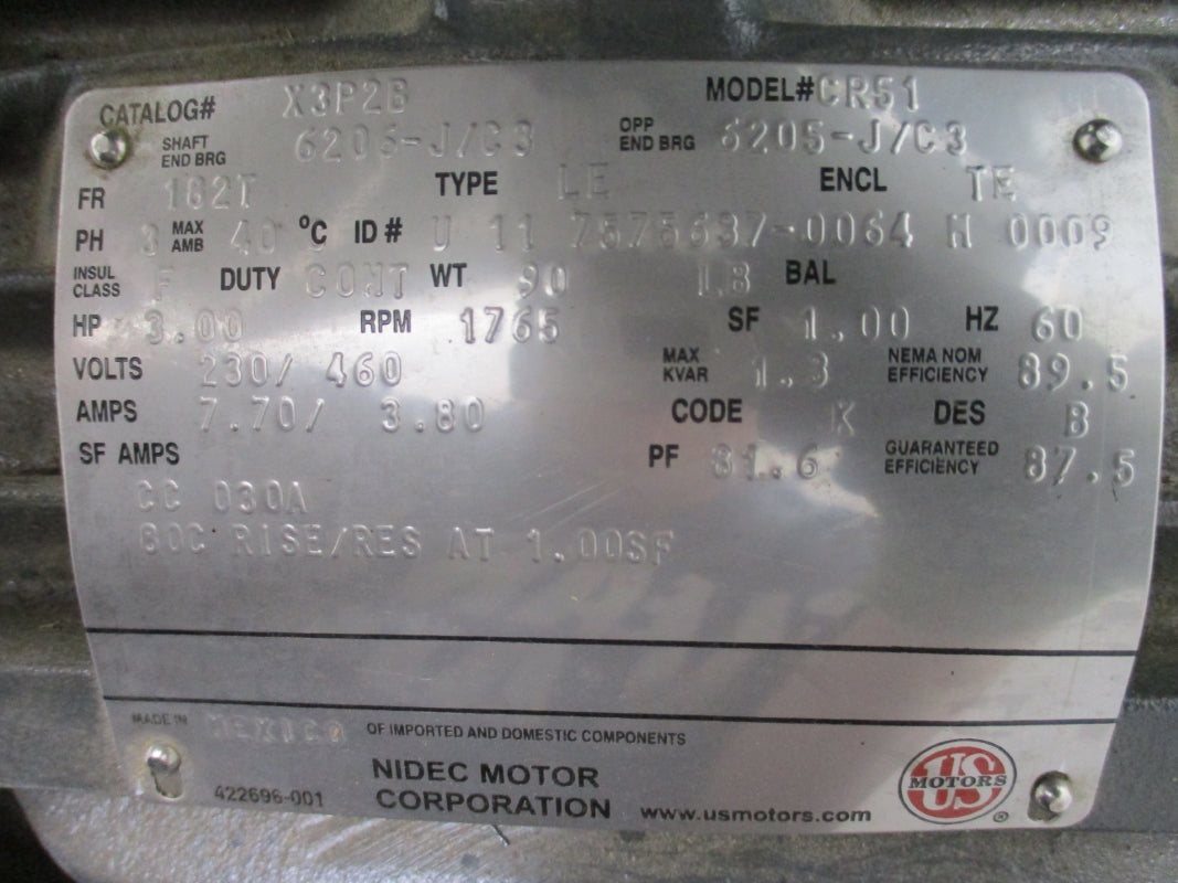 US MOTORS X3P2B CR51 230/460V 7.70/3.80A NSNP