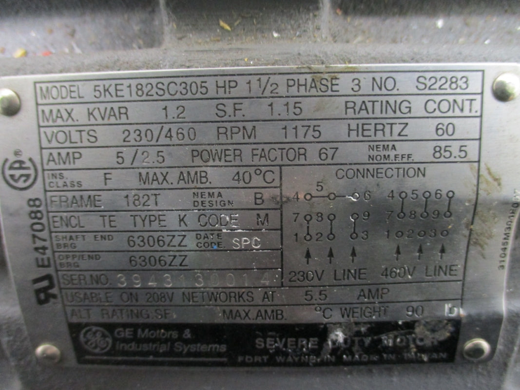 GENERAL ELECTRIC 5KE182SC305 230/460V 5/2.5A NSNP