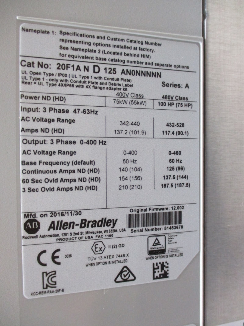 ALLEN BRADLEY 20F1AND125AN0NNNNN SER. A 480VAC 125A NSMP