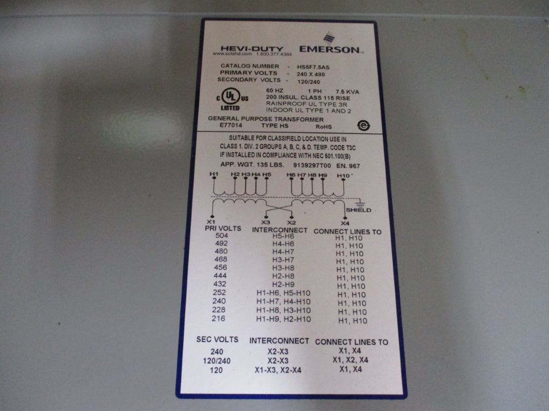 HEVI-DUTY EMERSON HS5F7.5AS 240/480V 7.5KVA NSMP