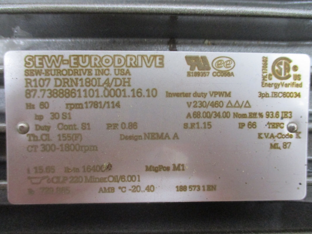SEW-EURODRIVE R107DRN180L4/DH 87.7388861101.0001.16.10 230/460V 68.00/34.00A NSMP