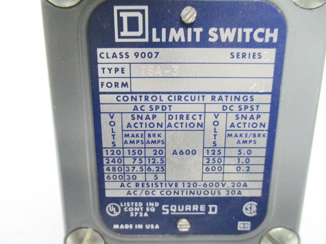 SQUARE D 9007TSA3 SER. D 600VAC 20A UNMP