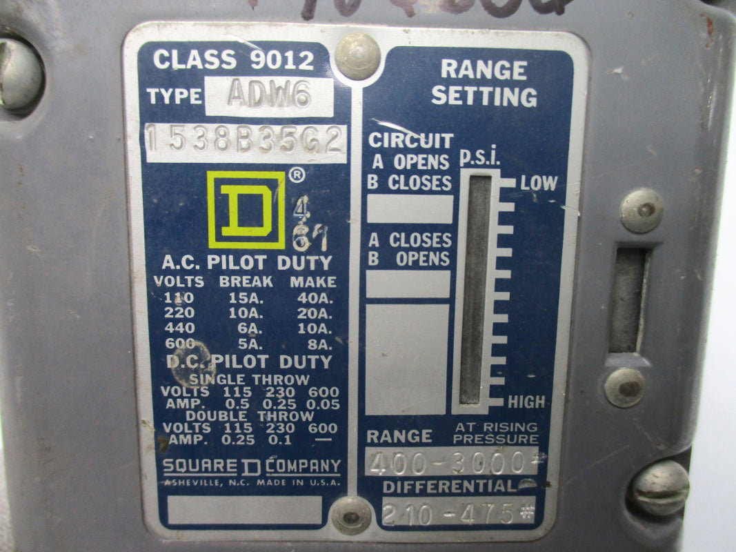 SQUARE D 9012ADW6 400-3000PSI 600VAC 15A UNMP
