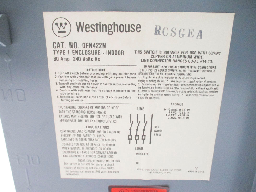 WESTINGHOUSE GFN422N 60A 240VAC UNMP