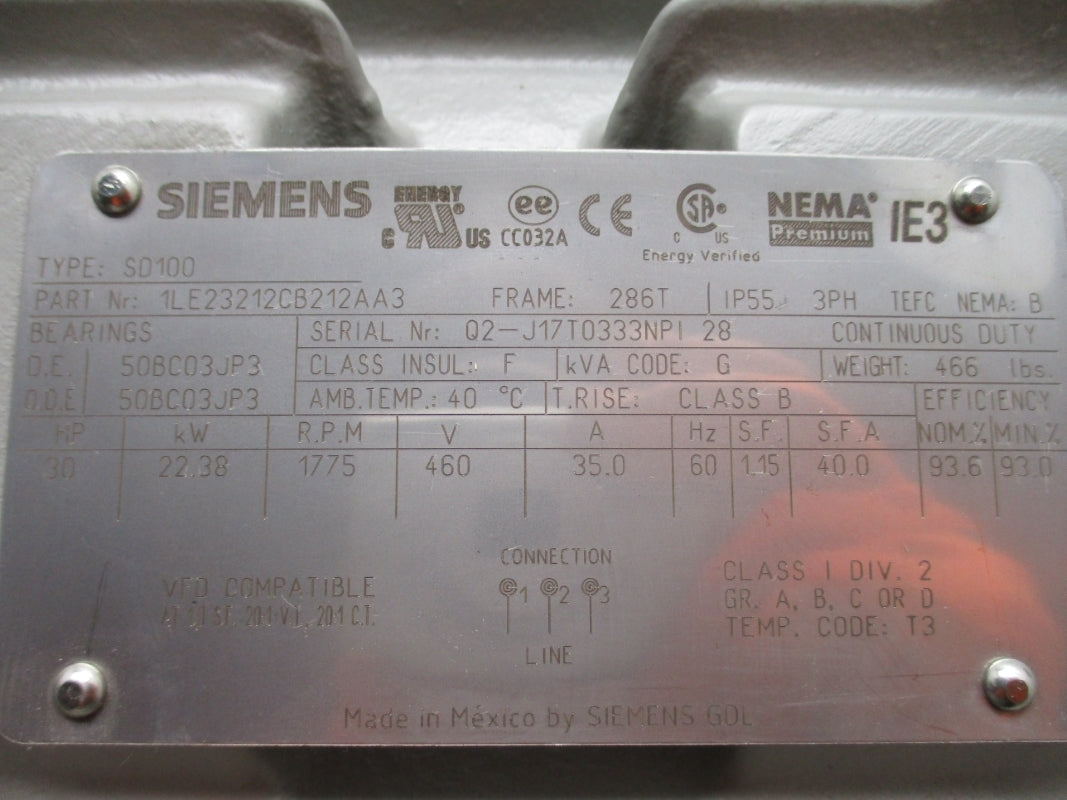 SIEMENS SD100 1LE23212CB212AA3 460V 35.0A NSNP