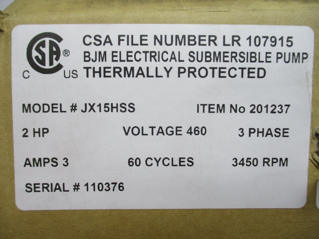 BJM PUMPS JX15HSS 460V 3A NSMP