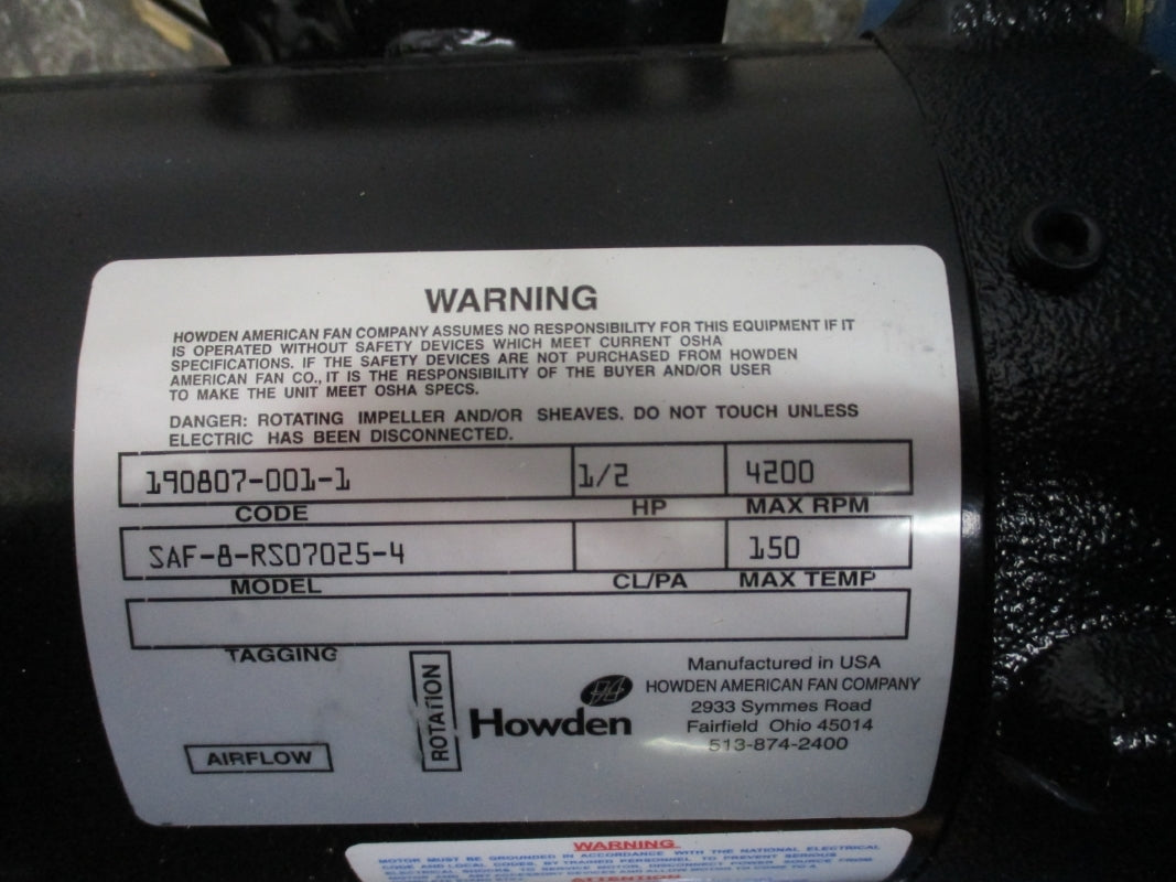 HOWDEN LIME SLACKER FAN SAF-8-RS07025-4 150F W/ BALDOR CDM3537 230/460V 1.0/.9A NSNP