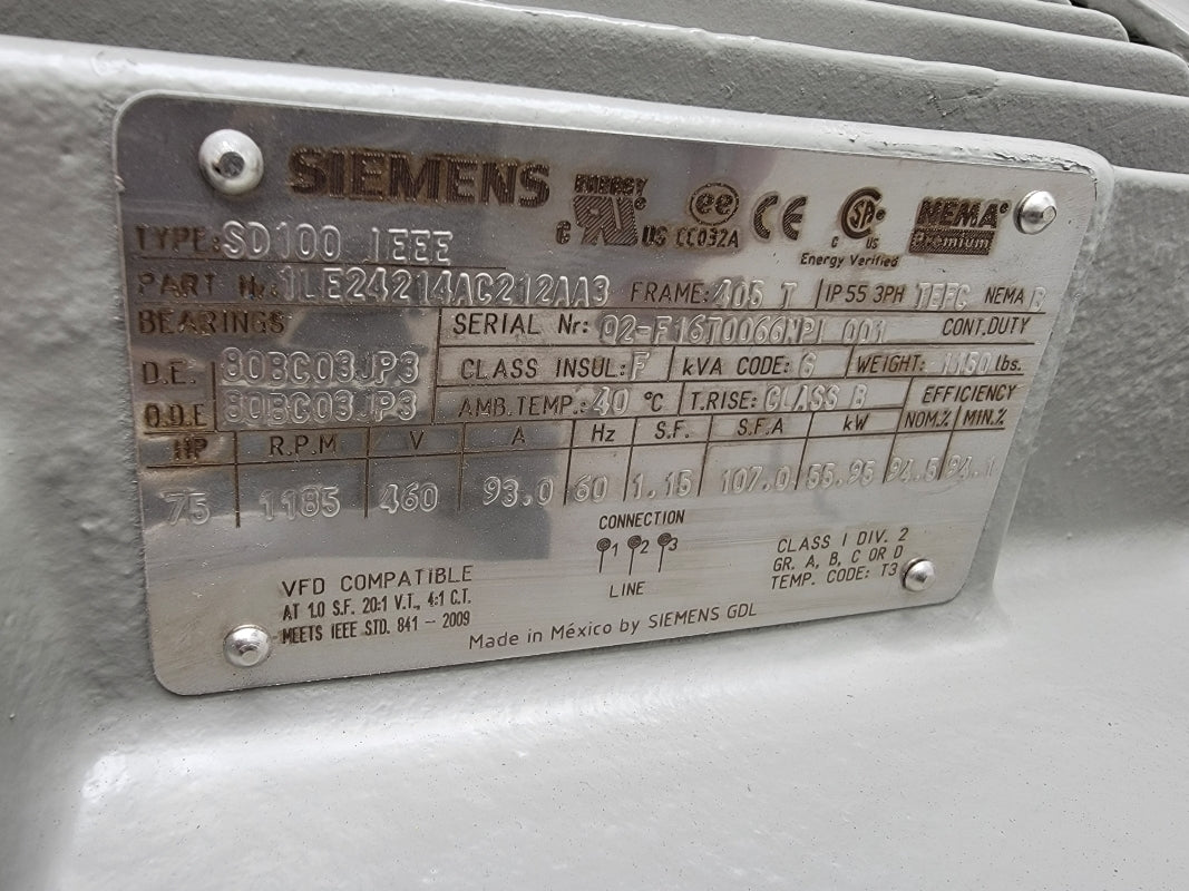 SIEMENS SD100 1LE24214AC212AA3 460V 93.0A NSNP
