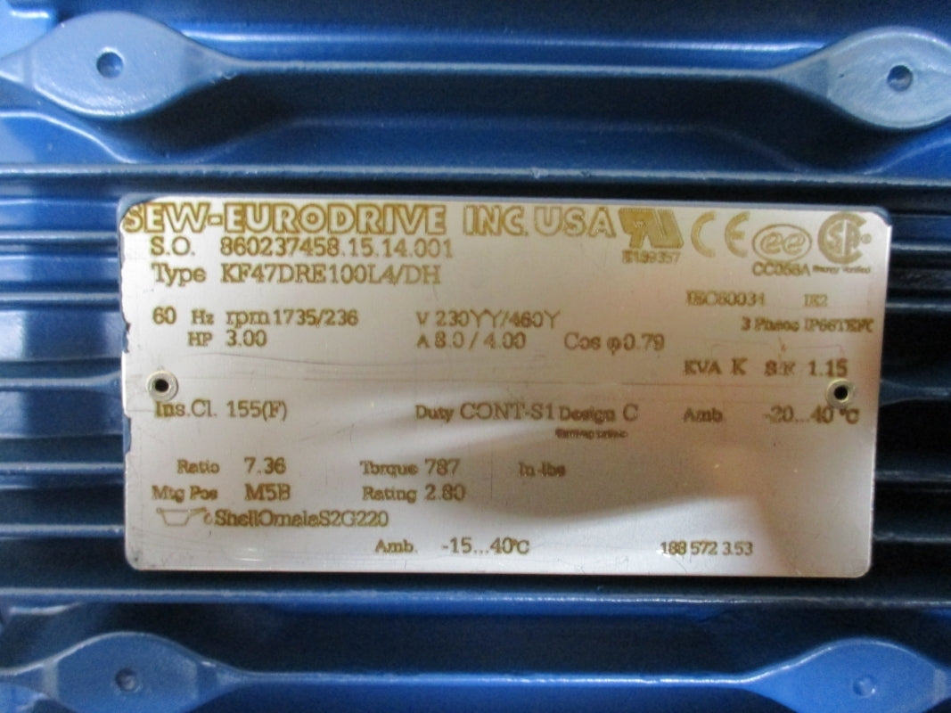SEW-EURODRIVE KF47DRE100L4/DH 230/460V 8.0/4.00A NSMP