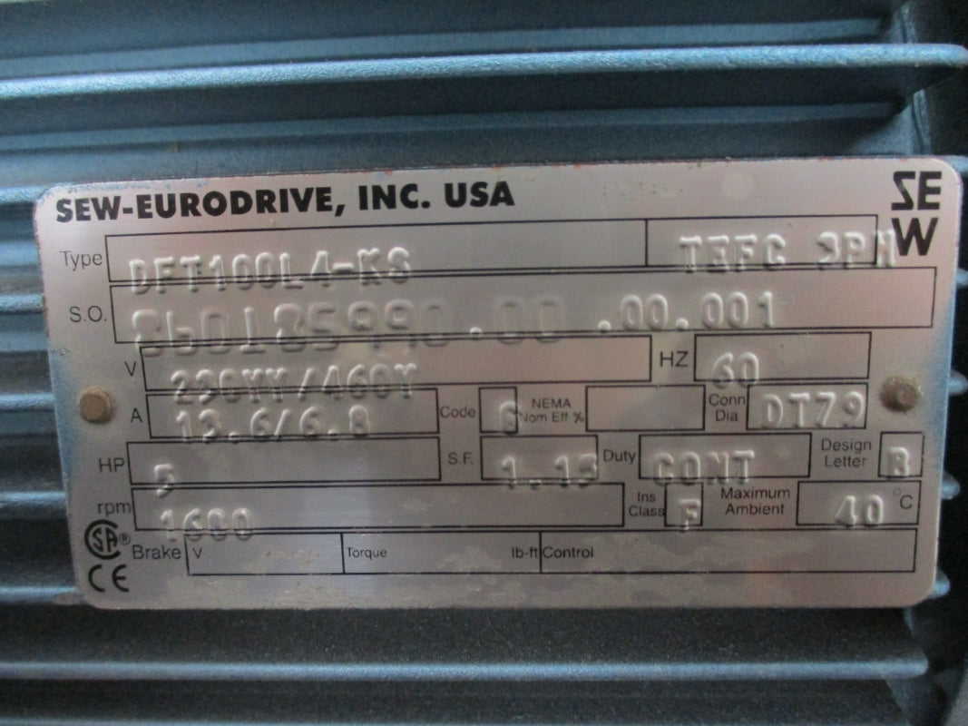 SEW-EURODRIVE DFT100L4-KS 230/460V 13.6/6.8A NSNP