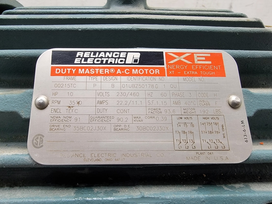 RELIANCE ELECTRIC 215TC 10HP 01UBZ50178G1QU 230/460V 22.2/11.1A NSNP