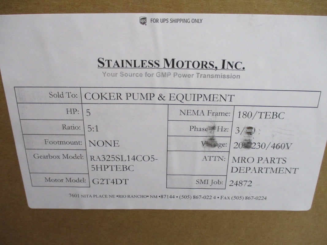 STAINLESS MOTORS 5HP W/ GEARBOX G2T4DT W/ RA325SL14CO5-5HPTEBC 208-230/460V NSFS
