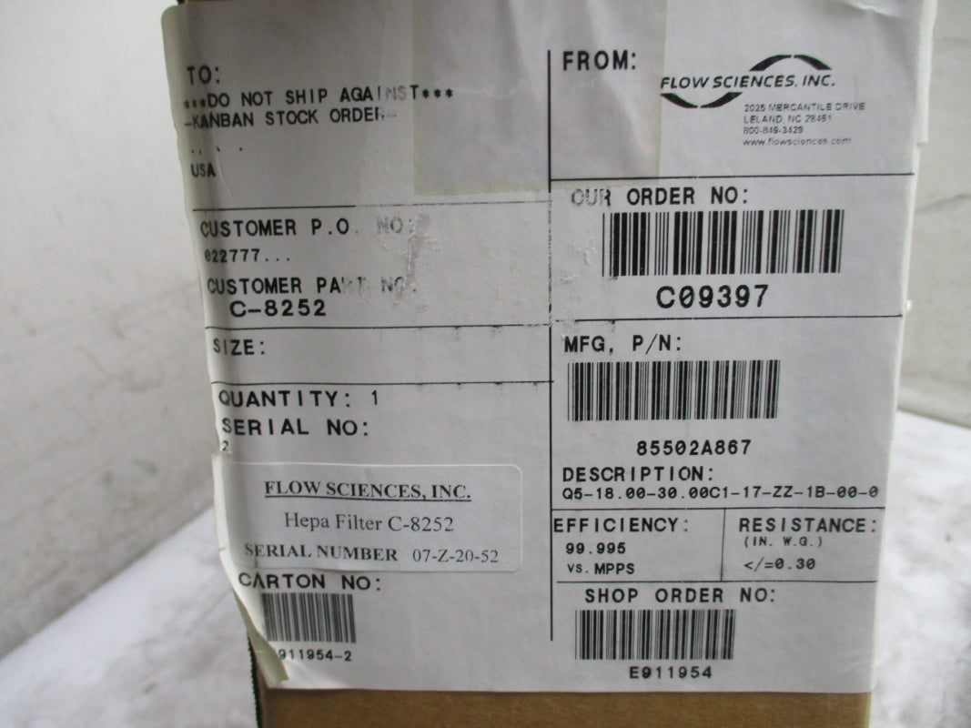 FLOW SCIENCES HEPA FILTER Q5-18.00-30.00 C1-17-ZZ-1B-00-0 NSMP