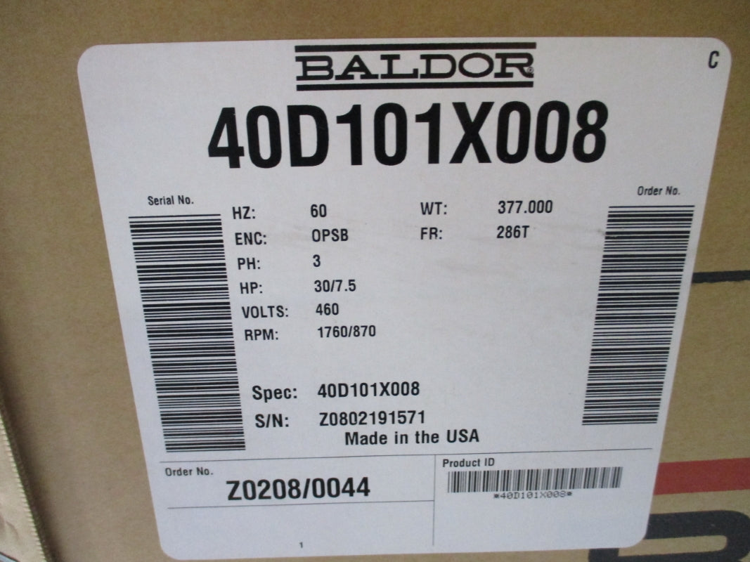 BALDOR 30/7.5 HP, 460V, 286T FRAME 40D101X008 460V NSFS