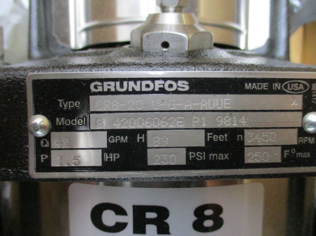 GRUNDFOS CR8-20 U-G-A-AUUE B-42006062E-P1-9814 230PSI 250F W/ BALDOR 85.600005 208-230/460V 5-4.6/2.3A NSMP