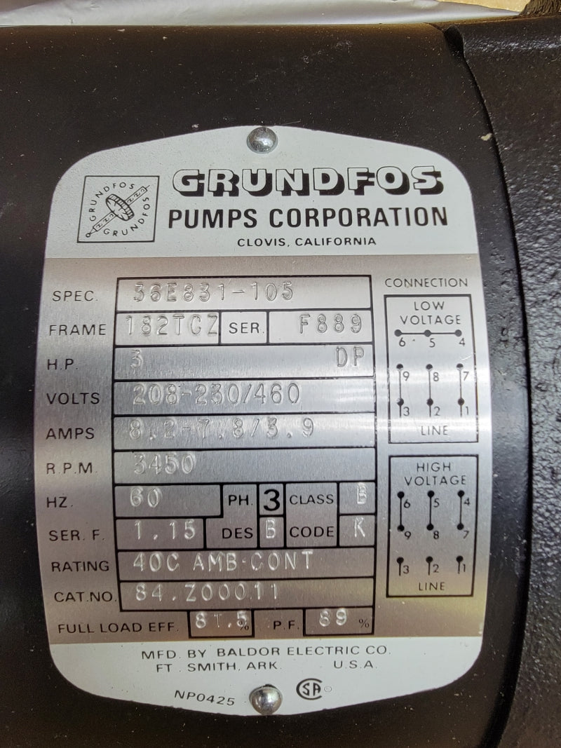GRUNDFOS CR2UH 300PSI 250F W/ 36E831-105 208-230/460V 8.2-7.8/3.9A NSMP