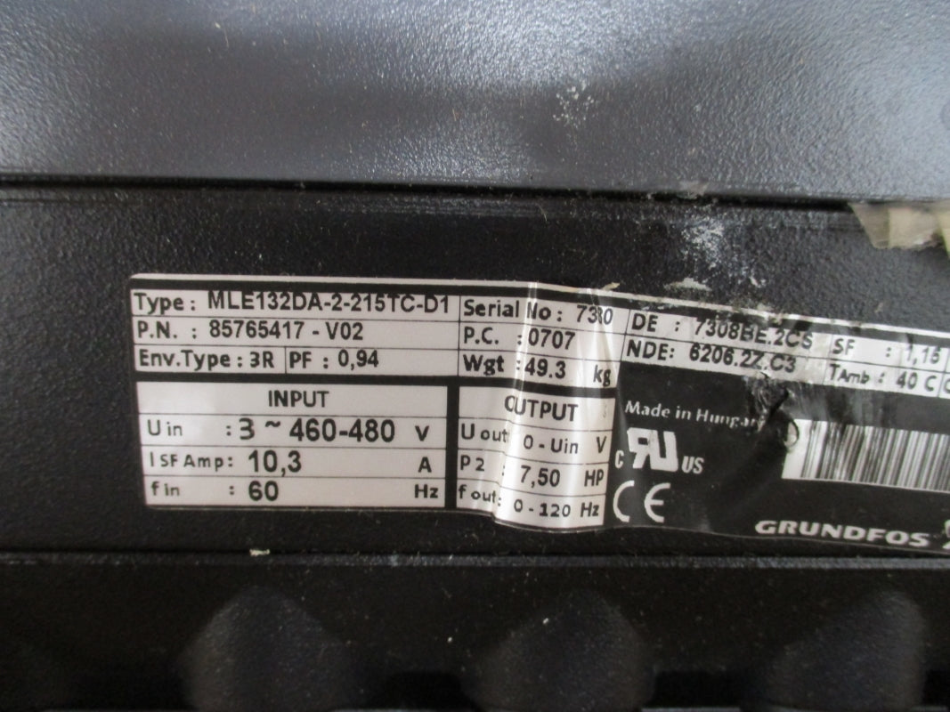 GRUNDFOS CRNE20-03 AN-FGJ-G-E-HQQE A96541443-P10720221 363PSI 248F W/ MLE132DA-2-215TC-D1 460/480V 10.3A NSMP